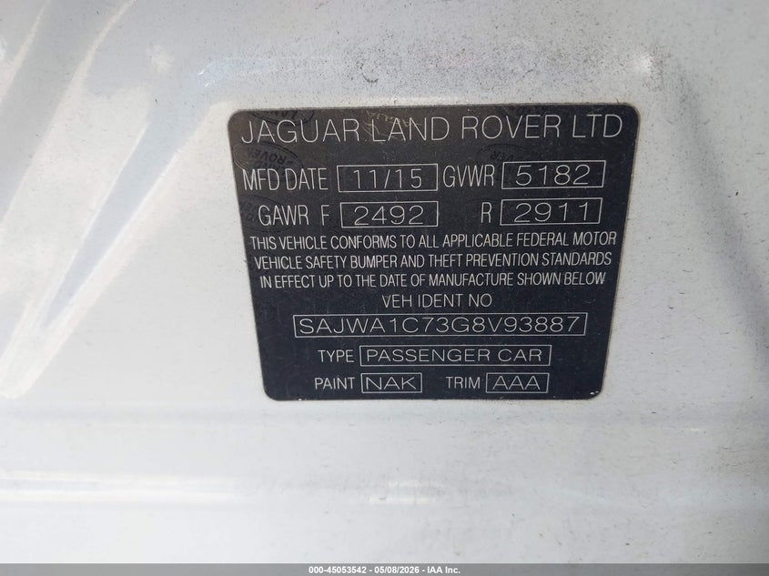 2016 Jaguar Xj VIN SAJWA1C73G8V93887 IAAI salvage auction — FRONT END, Salvage (Illinois), sold $450 on 2026-07-28 (photo 9)