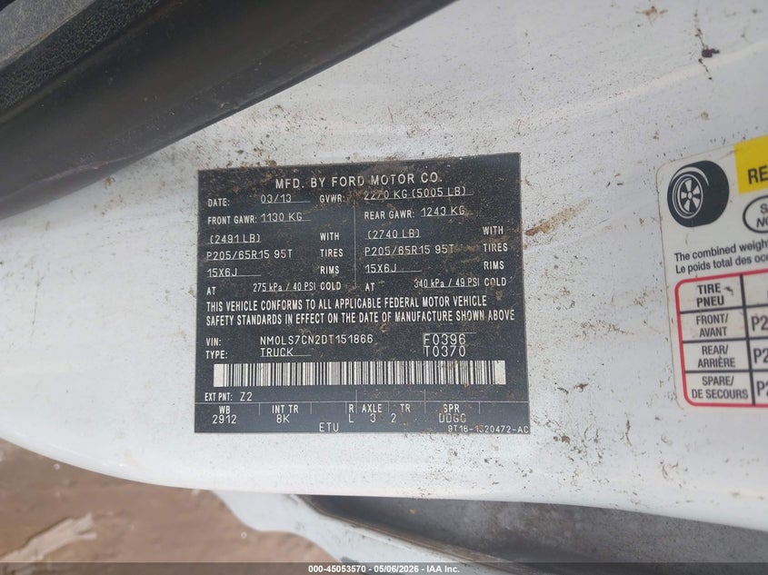 2013 Ford Transit VIN NM0LS7CN2DT151866 IAAI salvage auction — NORMAL WEAR, Clear (Massachusetts), sold $325 on 2026-07-21 (photo 9)