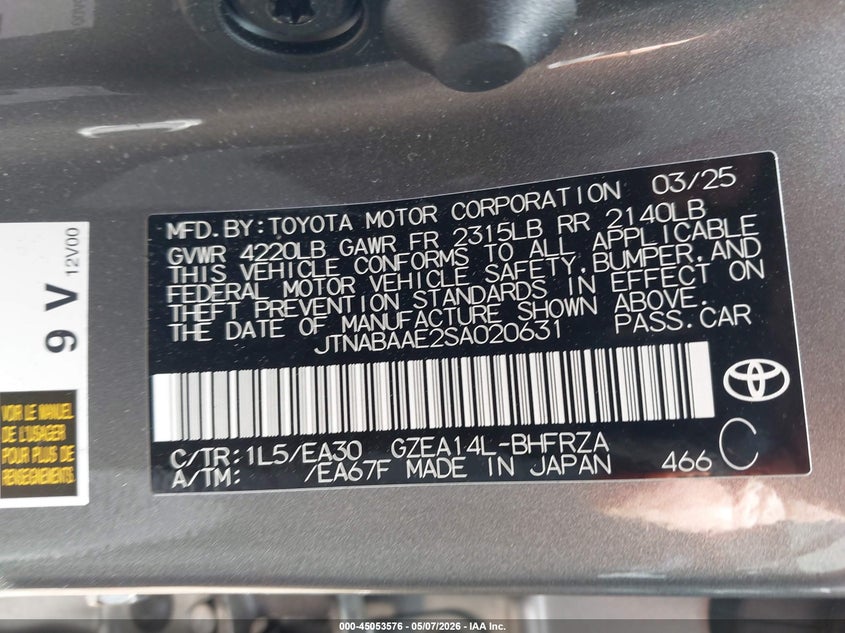 2025 Toyota Corolla VIN JTNABAAE2SA020631 IAAI salvage auction — FRONT END, Salvage (Ohio), sold $21,000 on 2026-07-15 (photo 9)