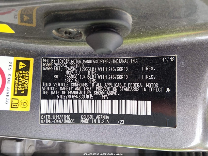 2019 Toyota Highlander VIN 5TDZZRFH5KS301815 IAAI salvage auction — FRONT END, Salvage (Mississippi), sold $3,400 on 2026-07-14 (photo 9)