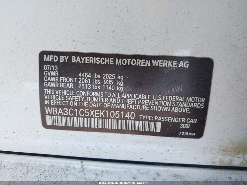 2014 BMW 3er VIN WBA3C1C5XEK105140 IAAI salvage auction — NORMAL WEAR, Clear (Montana), sold $400 on 2026-07-29 (photo 9)