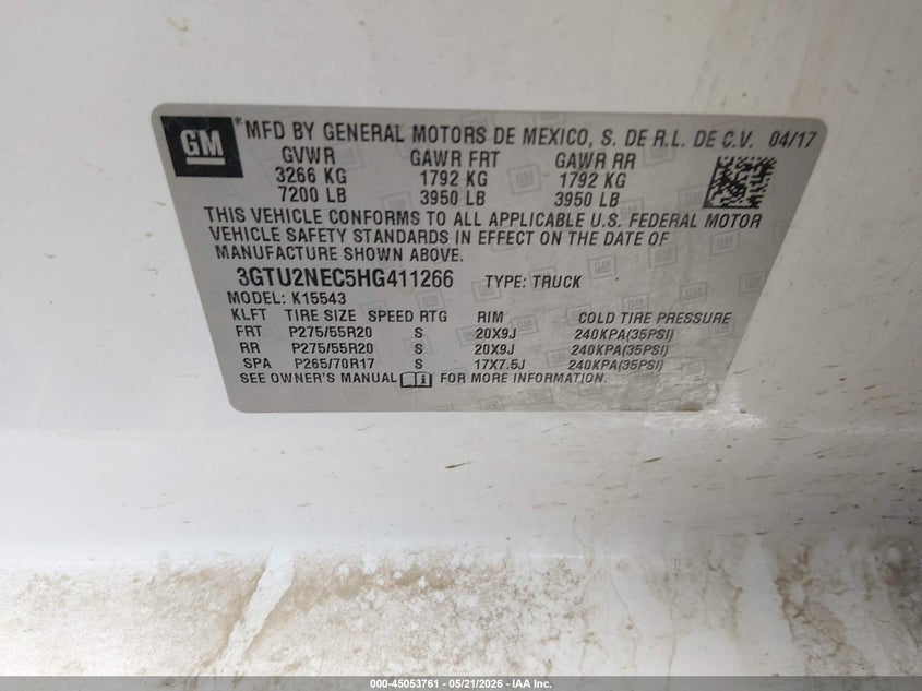 2017 Gmc SIERRA VIN 3GTU2NEC5HG411266 IAAI salvage auction — REAR END, Salvage (Montana), sold $12,300 on 2026-07-22 (photo 9)