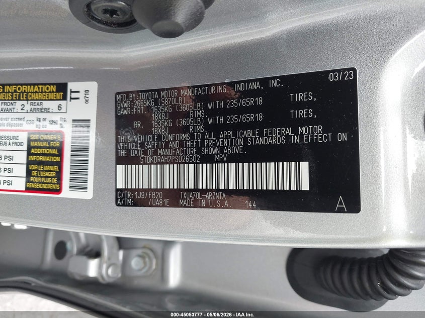 2023 Toyota Highlander VIN 5TDKDRAH2PS026502 IAAI salvage auction — RIGHT FRONT, Salvage (Virginia), sold $10,950 on 2026-07-28 (photo 9)