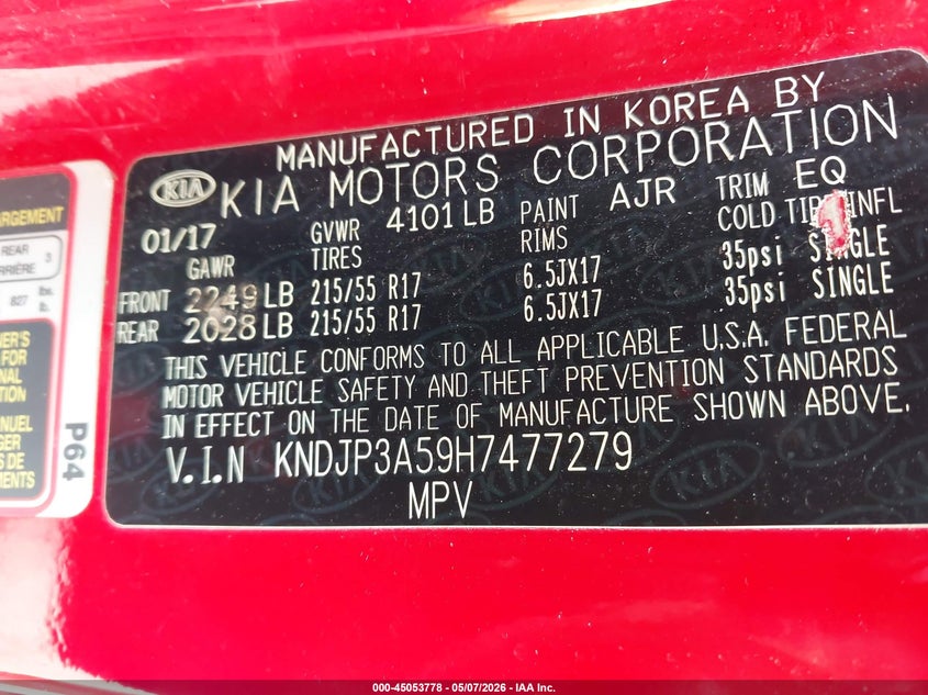 2017 Kia Soul VIN KNDJP3A59H7477279 IAAI salvage auction — FRONT END, Clear (Michigan), sold $750 on 2026-07-16 (photo 9)