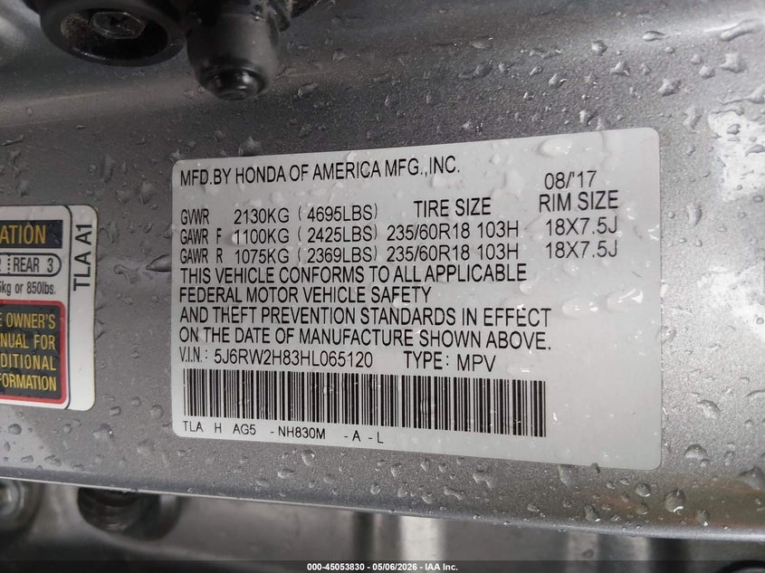 2017 Honda Cr-v VIN 5J6RW2H83HL065120 IAAI salvage auction — RIGHT SIDE, Salvage Title, sold $5,700 on 2026-08-01 (photo 8)