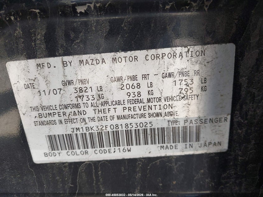 2008 Mazda 3 VIN JM1BK32F081853025 IAAI salvage auction — FRONT END, Salvage (Kentucky), sold $175 on 2026-07-06 (photo 9)