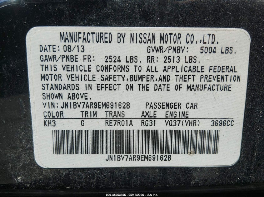 2014 Infiniti Q50 VIN JN1BV7AR9EM691628 IAAI salvage auction — FRONT END, Salvage (Rhode Island), sold $1,425 on 2026-07-07 (photo 9)