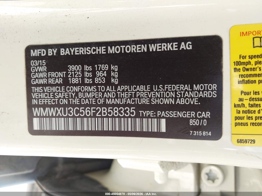 2015 Mini Hard top VIN WMWXU3C56F2B58335 IAAI salvage auction — FRONT END, Original (Texas), sold $3,500 on 2026-07-28 (photo 9)