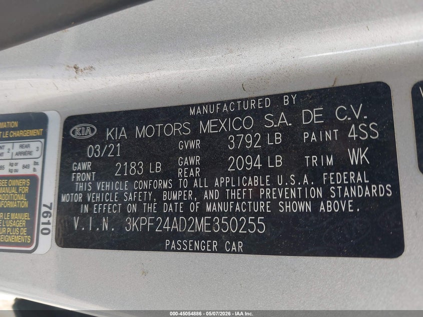 2021 Kia Forte VIN 3KPF24AD2ME350255 IAAI salvage auction — WATER/FLOOD, Salvage (Texas), sold $2,150 on 2026-07-23 (photo 9)