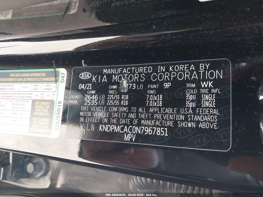 2022 Kia Sportage VIN KNDPMCAC0N7967851 IAAI salvage auction — REAR END, Salvage (Rhode Island), sold $3,050 on 2026-07-23 (photo 9)