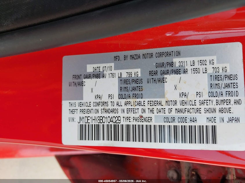 2011 Mazda 2 VIN JM1DE1HY8B0104029 IAAI salvage auction — LEFT FRONT, Original (Texas), sold $3,000 on 2026-07-07 (photo 9)