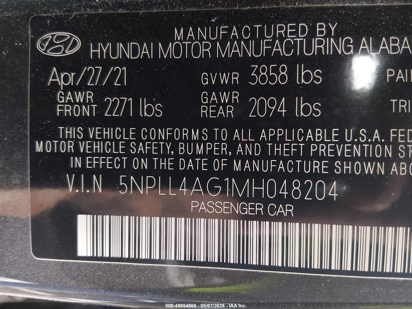 2021 Hyundai Elantra VIN 5NPLL4AG1MH048204 IAAI salvage auction — FRONT END, Salvage (North Carolina), sold $3,000 on 2026-07-15 (photo 9)