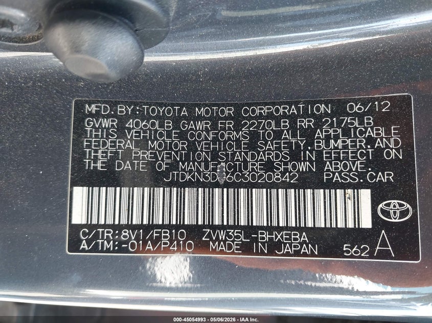 2012 Toyota Prius VIN JTDKN3DP6C3020842 IAAI salvage auction — REAR END, Salvage (California), sold $25 on 2026-07-28 (photo 9)