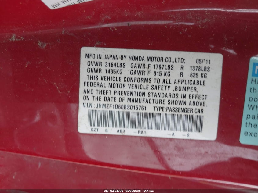 2011 Honda Cr-z VIN JHMZF1D60BS015761 IAAI salvage auction — FRONT & REAR, Salvage (Georgia), sold $350 on 2026-07-14 (photo 9)