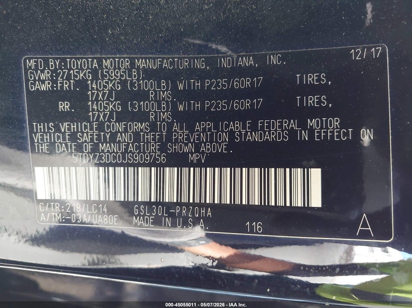 2018 Toyota Sienna VIN 5TDYZ3DC0JS909756 IAAI salvage auction — REAR END, Salvage (California), sold $2,575 on 2026-07-08 (photo 9)