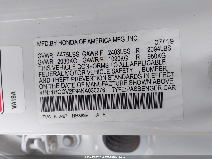 2019 Honda Accord VIN 1HGCV2F94KA030276 IAAI salvage auction — RIGHT SIDE, Original (Texas), sold $7,500 on 2026-07-28 (photo 9)