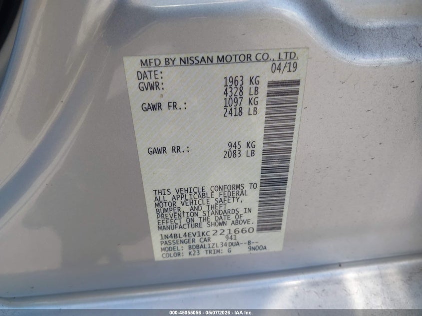 2019 Nissan Altima VIN 1N4BL4EV1KC221660 IAAI salvage auction — FRONT END, Salvage Certificate (California), sold $2,900 on 2026-07-22 (photo 9)