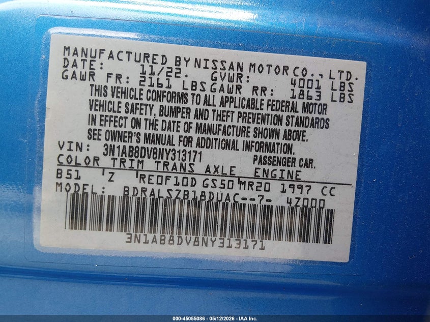 2022 Nissan Sentra VIN 3N1AB8DV8NY313171 IAAI salvage auction — LEFT FRONT, Salvage (California), sold $4,975 on 2026-08-03 (photo 9)