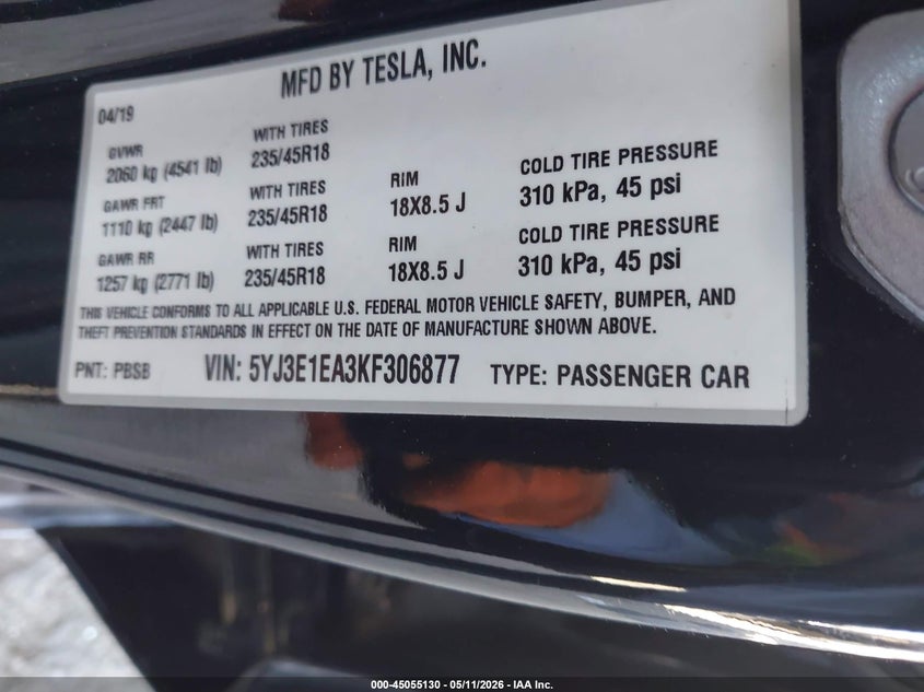 2019 Tesla Model 3 VIN 5YJ3E1EA3KF306877 IAAI salvage auction — FRONT END, Salvage (California), sold $3,250 on 2026-07-23 (photo 9)