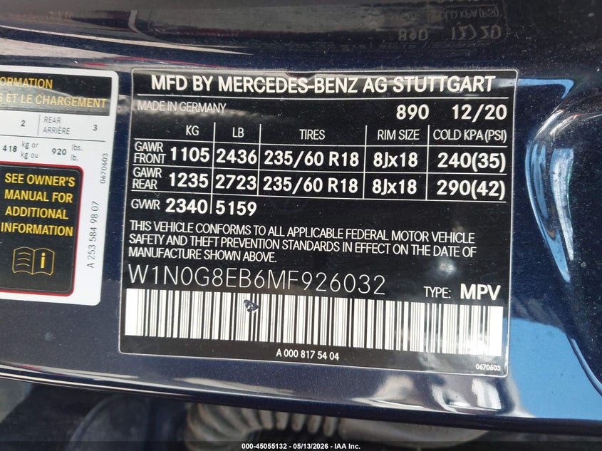 2021 Mercedes-benz Glc VIN W1N0G8EB6MF926032 IAAI salvage auction — FRONT END, Salvage (Illinois), sold $6,900 on 2026-07-22 (photo 9)