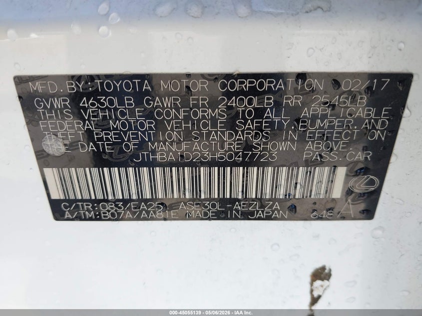2017 Lexus Is VIN JTHBA1D23H5047723 IAAI salvage auction — SIDE, Salvage (California), sold $6,400 on 2026-07-12 (photo 9)