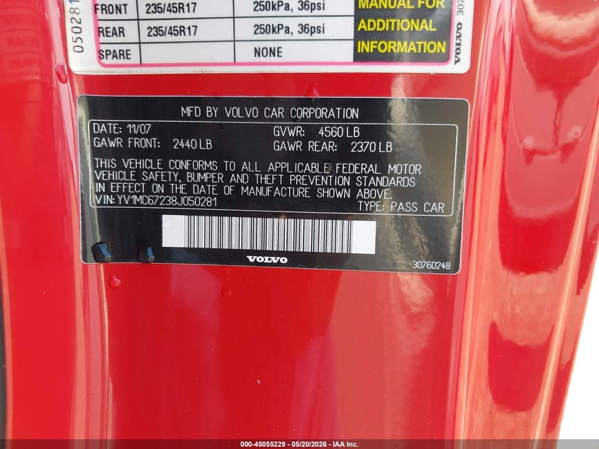 2008 Volvo C70 VIN YV1MC67238J050281 IAAI salvage auction — FRONT END, Original (Texas), sold $225 on 2026-07-29 (photo 9)