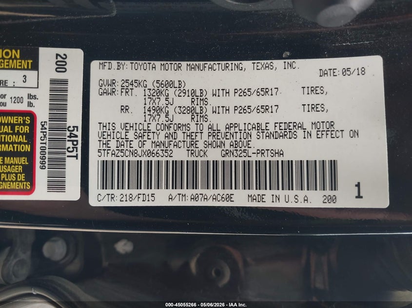 2018 Toyota Tacoma VIN 5TFAZ5CN8JX066352 IAAI salvage auction — FRONT & REAR, Salvage (Texas), sold $4,100 on 2026-07-15 (photo 9)