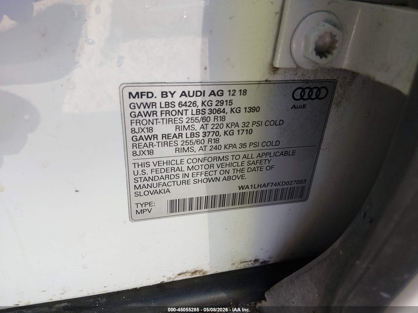 2019 Audi Q7 VIN WA1LHAF74KD027093 IAAI salvage auction — FRONT END, Clear (Indiana), sold $9,500 on 2026-07-18 (photo 9)