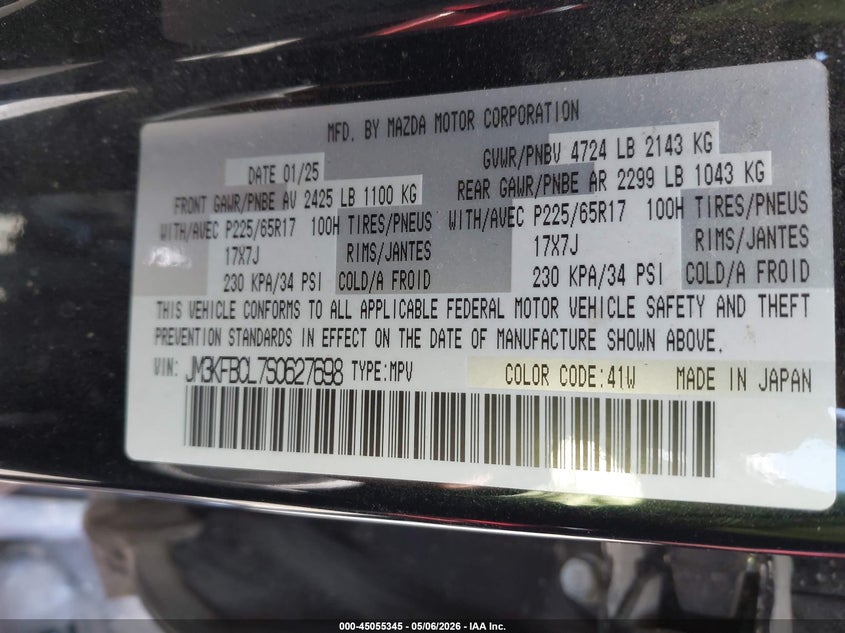 2025 Mazda Cx-5 VIN JM3KFBCL7S0627698 IAAI salvage auction — FRONT END, Salvage Certificate (California), sold $4,150 on 2026-07-10 (photo 9)