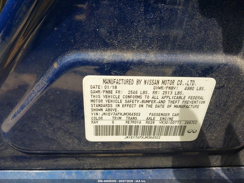 2018 Infiniti Q50 VIN JN1EV7APXJM364502 IAAI salvage auction — FRONT END, Salvage (Texas), sold $600 on 2026-07-29 (photo 9)