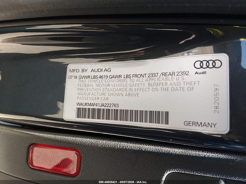 2018 Audi A4 VIN WAUKMAF41JA222763 IAAI salvage auction — FRONT END, Salvage (California), sold $425 on 2026-07-08 (photo 9)