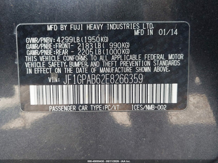 2014 Subaru Impreza VIN JF1GPAB62E8266359 IAAI salvage auction — FRONT END, Salvage (Idaho), sold $450 on 2026-07-09 (photo 9)