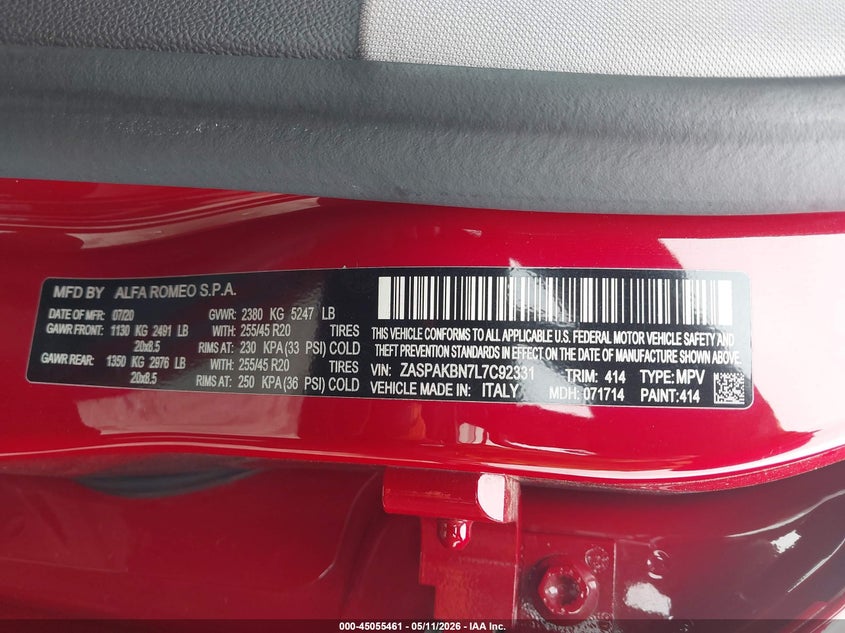 2020 Alfa romeo Stelvio VIN ZASPAKBN7L7C92331 IAAI salvage auction — REAR END, Salvage (Texas), sold $6,600 on 2026-08-11 (photo 9)