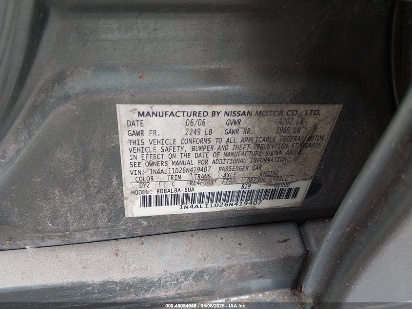 2006 Nissan Altima VIN 1N4AL11D26N419407 IAAI salvage auction — RIGHT FRONT, Salvage (Mississippi), sold $375 on 2026-07-09 (photo 9)