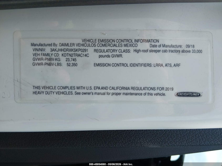 2019 Freightliner New cascadia 126 VIN 3AKJHHDRXKSKP0291 IAAI salvage auction — UNKNOWN, Clear (Louisiana), sold $25 on 2026-08-01 (photo 8)