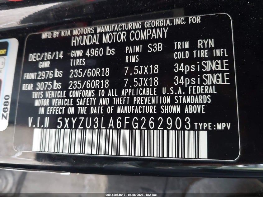 2015 Hyundai VIN 5XYZU3LA6FG262903 IAAI salvage auction — RIGHT FRONT, Salvage (Texas), sold $1,600 on 2026-07-09 (photo 9)