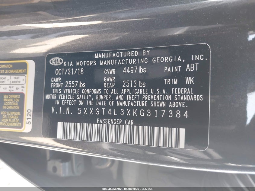 2019 Kia Optima VIN 5XXGT4L3XKG317384 IAAI salvage auction — REAR END, Salvage (California), sold $1,850 on 2026-07-15 (photo 9)