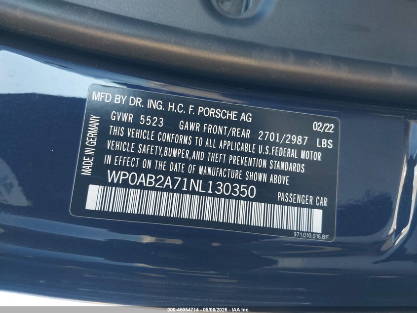 2022 Porsche Panamera VIN WP0AB2A71NL130350 IAAI salvage auction — SUSPENSION, Salvage (California), sold $25,500 on 2026-08-05 (photo 9)