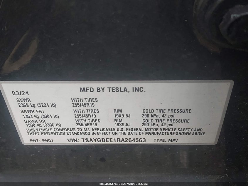 2024 Tesla Model y VIN 7SAYGDEE1RA264563 IAAI salvage auction — REAR END, Salvage - 75% Or Less (Maryland), sold $12,550 on 2026-07-09 (photo 9)