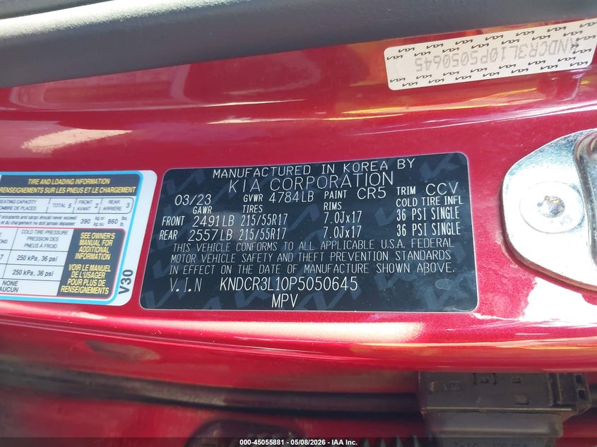 2023 Kia Niro VIN KNDCR3L10P5050645 IAAI salvage auction — REAR END, Certificate Of Destruction (Florida), sold $3,650 on 2026-07-10 (photo 9)