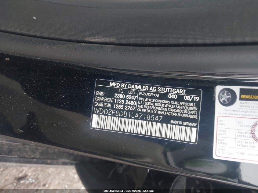 2020 Mercedes-benz E-klasse VIN WDDZF8DB1LA718547 IAAI salvage auction — FRONT END, Salvage (Texas), sold $2,825 on 2026-07-15 (photo 9)