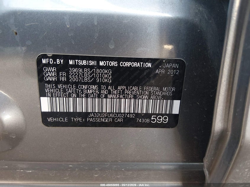 2012 Mitsubishi Lancer VIN JA32U2FU6CU027492 IAAI salvage auction — LEFT SIDE, Salvage (Arizona), sold $875 on 2026-07-14 (photo 9)