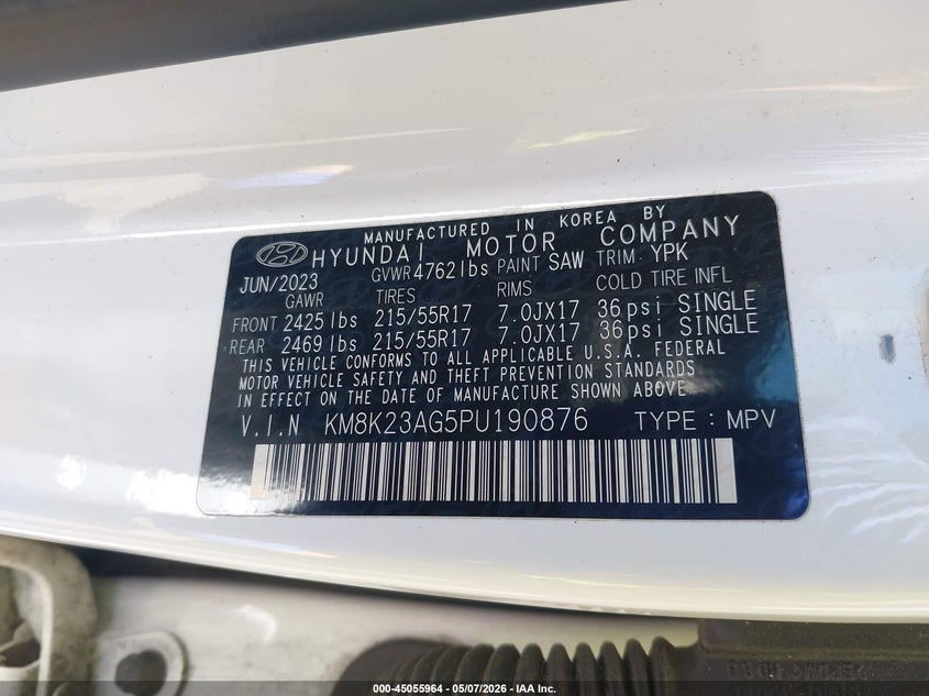 2023 Hyundai Kona VIN KM8K23AG5PU190876 IAAI salvage auction — FRONT END, Certificate Of Destruction (Florida), sold $3,050 on 2026-07-10 (photo 9)