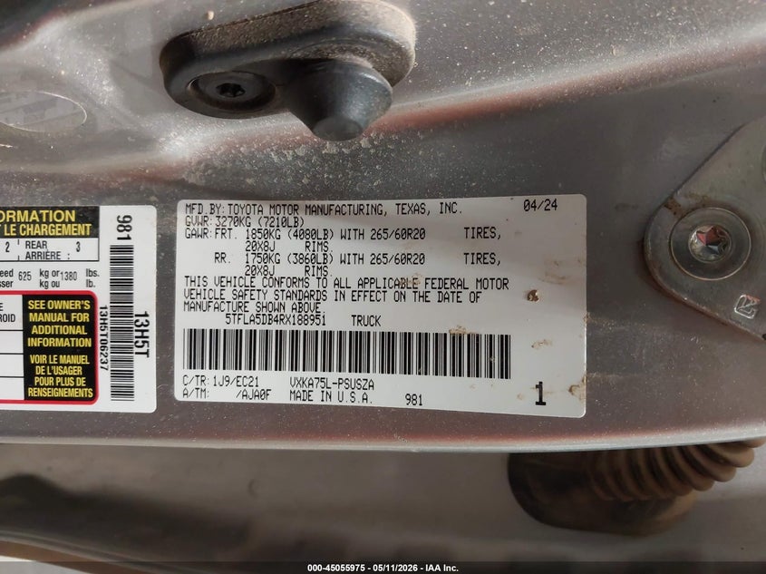 2024 Toyota Tundra VIN 5TFLA5DB4RX188951 IAAI salvage auction — FRONT END, Original (Texas), sold $18,350 on 2026-07-23 (photo 9)
