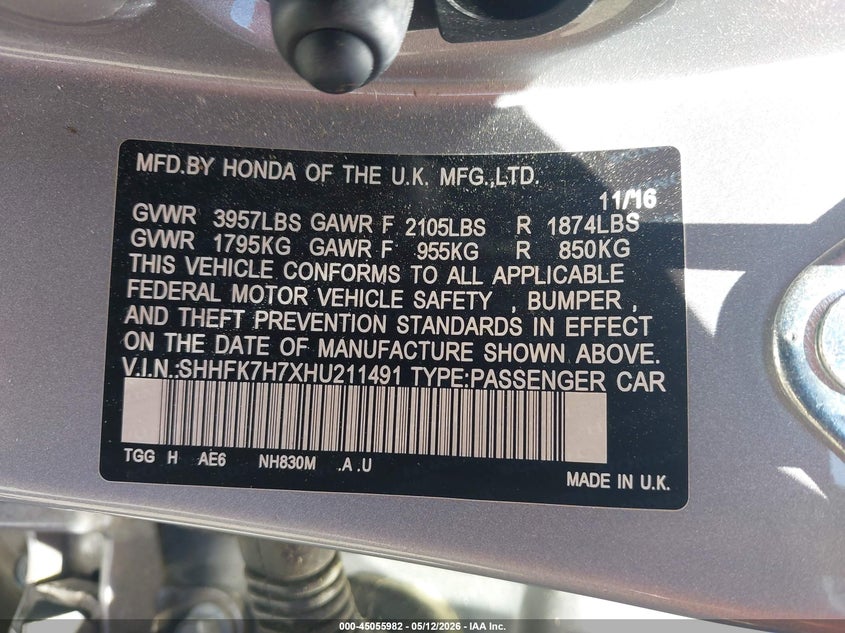 2017 Honda Civic VIN SHHFK7H7XHU211491 IAAI salvage auction — SIDE, Salvage (North Carolina), sold $3,100 on 2026-07-16 (photo 9)