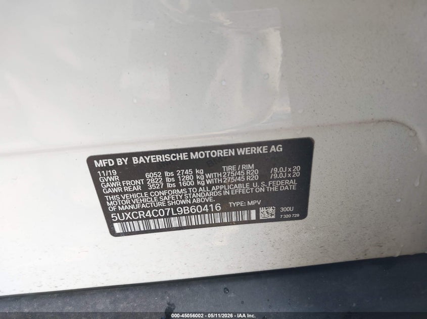 2020 BMW X5 VIN 5UXCR4C07L9B60416 IAAI salvage auction — FRONT END, Salvage Title, sold $4,200 on 2026-07-09 (photo 9)