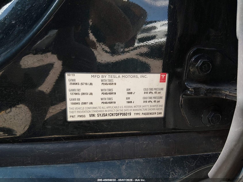 2013 Tesla Model s VIN 5YJSA1CN7DFP06019 IAAI salvage auction — FRONT & REAR, Salvage (Colorado), sold $2,225 on 2026-07-30 (photo 9)