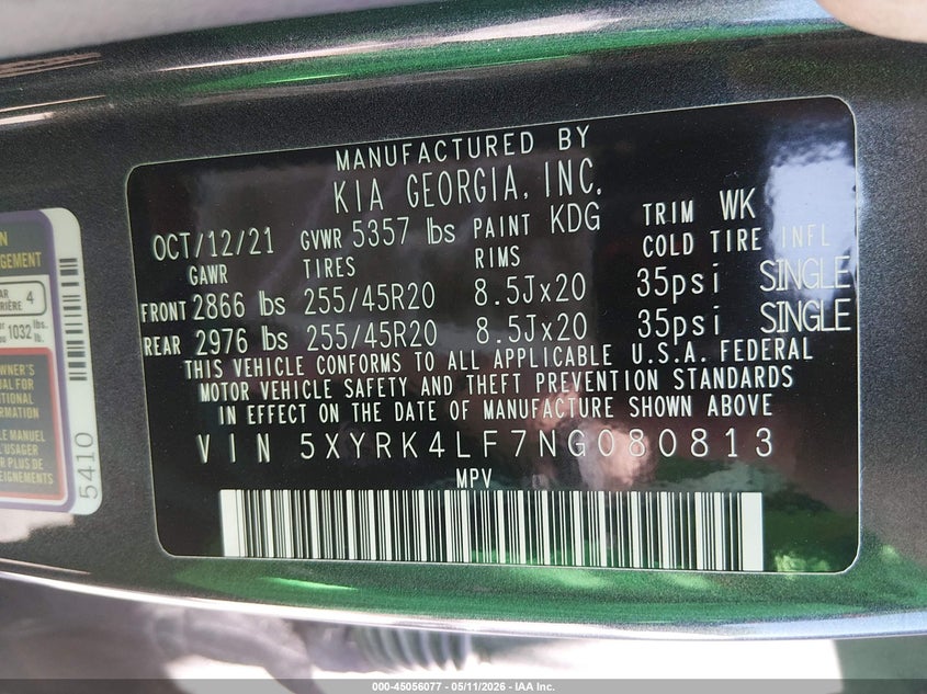 2022 Kia Sorento VIN 5XYRK4LF7NG080813 IAAI salvage auction — HAIL, Salvage (Kansas), sold $8,300 on 2026-07-08 (photo 9)