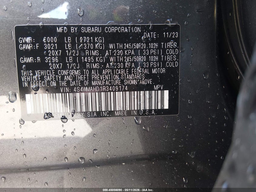 2024 Subaru Ascent VIN 4S4WMAHD1R3409174 IAAI salvage auction — REAR END, Clear (Hawaii), sold $5,800 on 2026-07-30 (photo 9)