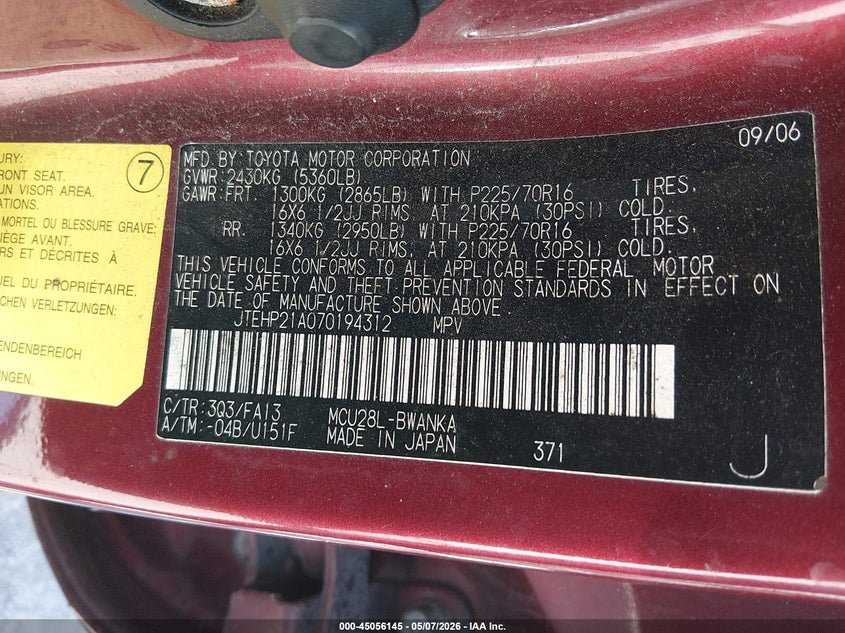 2007 Toyota Highlander VIN JTEHP21A070194312 IAAI salvage auction — NORMAL WEAR, Original (Kentucky), sold $400 on 2026-07-06 (photo 9)